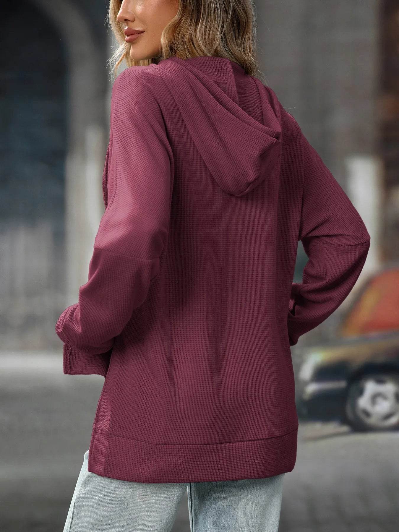 Slightly Stretchy Textured Drawstring Long Sleeve Hoodie with Pocket - Trendy Casual Wear - Store 42