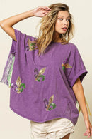 BiBi Vintage Bohemian Purple Washed T-Shirt with Butterfly Embroidery and Fringe Sleeves - Store 42