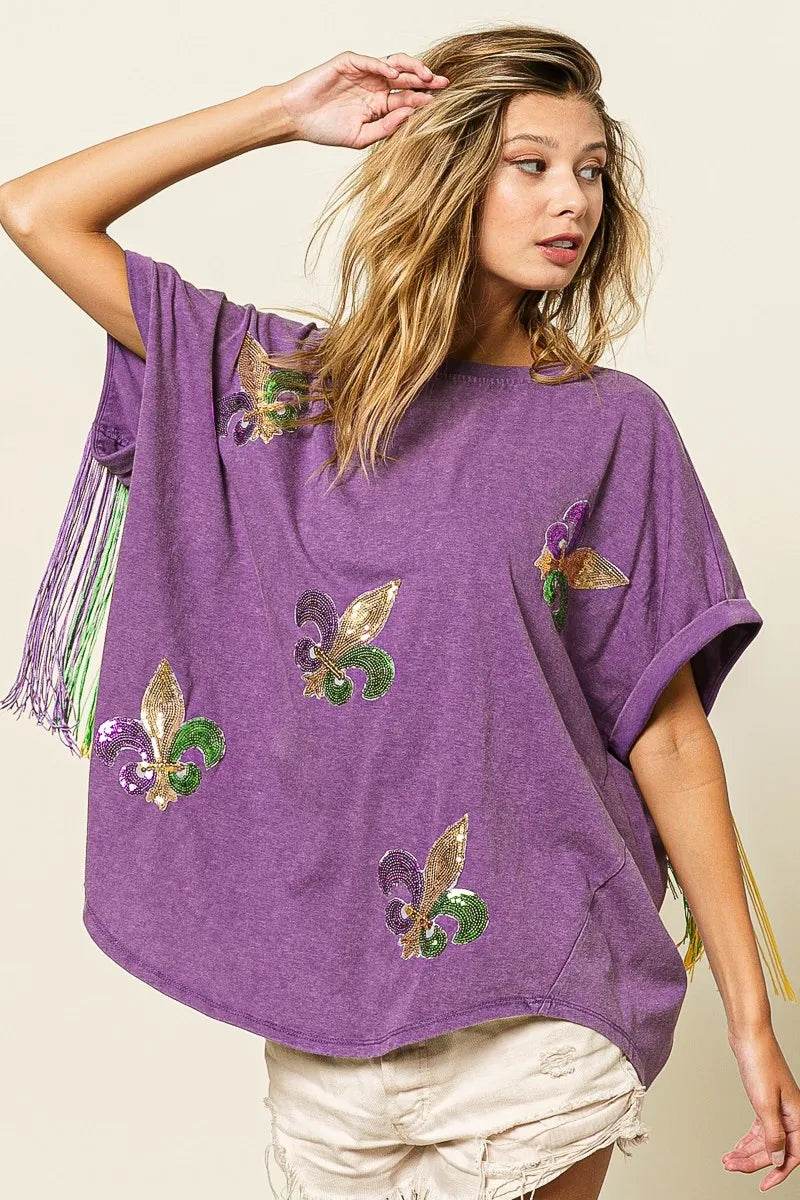 BiBi Vintage Bohemian Purple Washed T-Shirt with Butterfly Embroidery and Fringe Sleeves