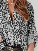 Full Size Leopard Print Roll-Tab Sleeves Blouse Plus Size - Store 42