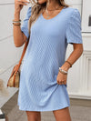 Textured Round Neck Short Sleeve Mini Dress Light Blue