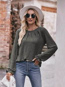 Slightly Stretchy Ruched Round Neck Long Sleeve T-Shirt - Casual Everyday Essential - Store 42