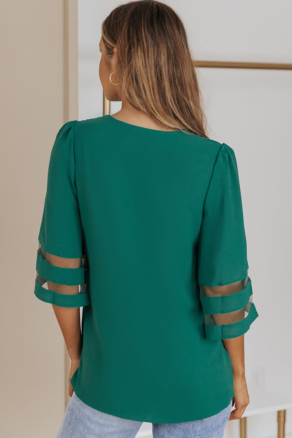 Sheer Striped V-Neck Blouse with Flare Puff Sleeves - Casual Chic Top for Women