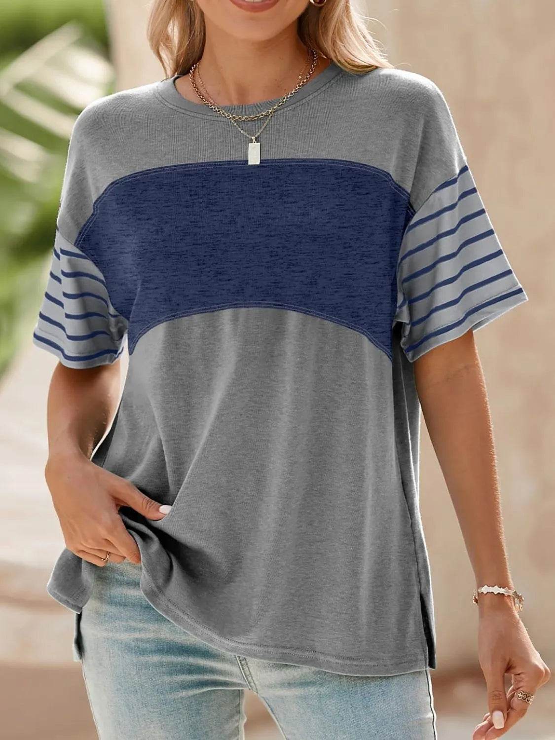 Stylish Color Block Striped Sleeve Casual T-Shirt for Everyday Comfort and Versatility - Store 42