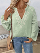 Paisley Pattern Notched Long Sleeve Blouse Matcha Green