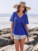 Lace Detail Tie Neck Short Sleeve Top for Women - 100% Viscose, Ruched Design, Imported - Store 42