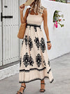 Smocked Printed Wide Strap Maxi Dress Tan