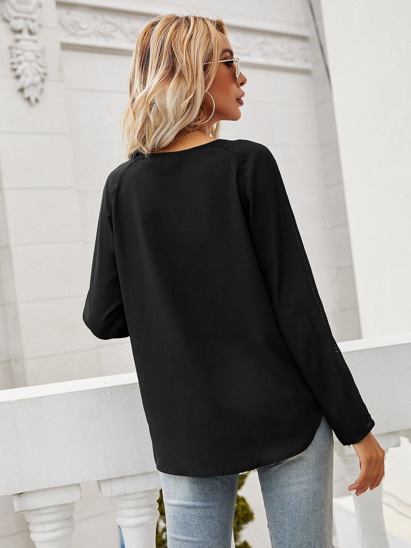 Ivy Lane Chic Tie Neck Semi-Sheer Long Sleeve Blouse - 100% Polyester