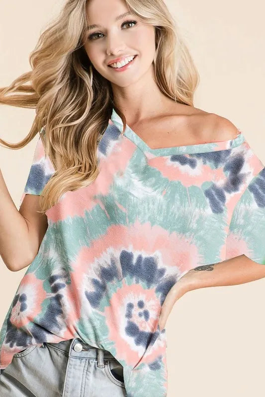 Trendy BiBi Tie Dye Print Terry V-Neck Short Sleeve Top for Casual Style