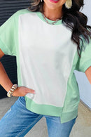 Stylish Color Block Crew Neck T-Shirt with Exposed Seams - Soft Cotton Blend, Slightly Stretchy - Store 42
