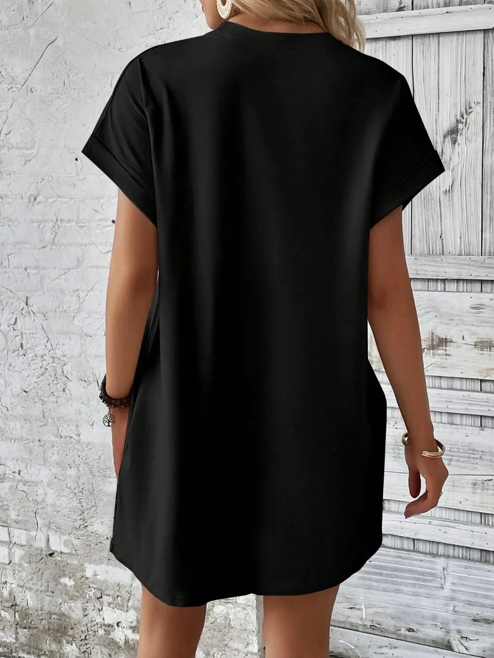 Trendy Round Neck Mini Dress with Short Sleeves - Opaque, Slightly Stretchy Fabric, Casual Style