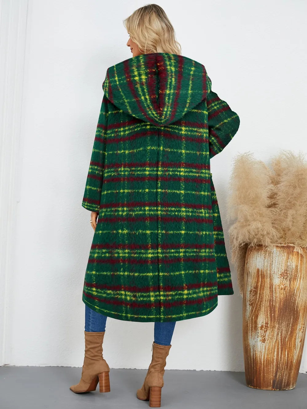 Plaid Long Sleeve Hooded Coat with Pockets - Lined, 100% Polyester, Normal Thickness