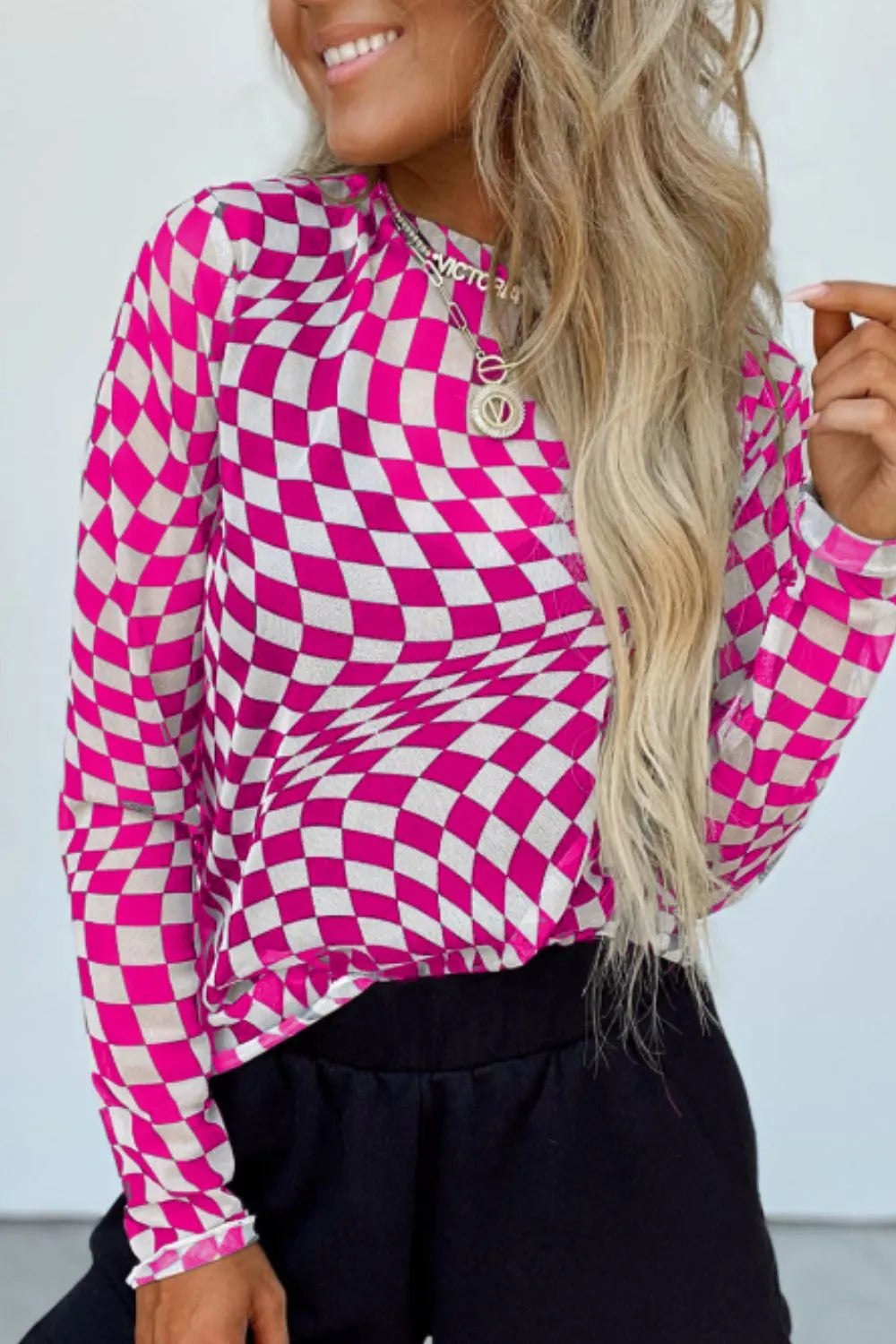 Sheer Checkered Mock Neck Long Sleeve Blouse - Slightly Stretchy Fashion Top by Trendsi
