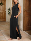 Full Size Slit Round Neck Sleeveless Maxi Tank Dress Plus Size Black