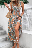 Floral Print Trimmed V Neck Tie Waist Sleeveless Dress