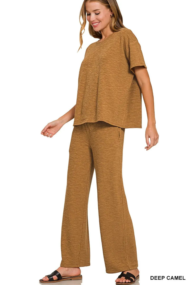 Zenana Camel-Toned Oversized Knit T-Shirt and Wide-Leg Pants Set for Ultimate Comfort