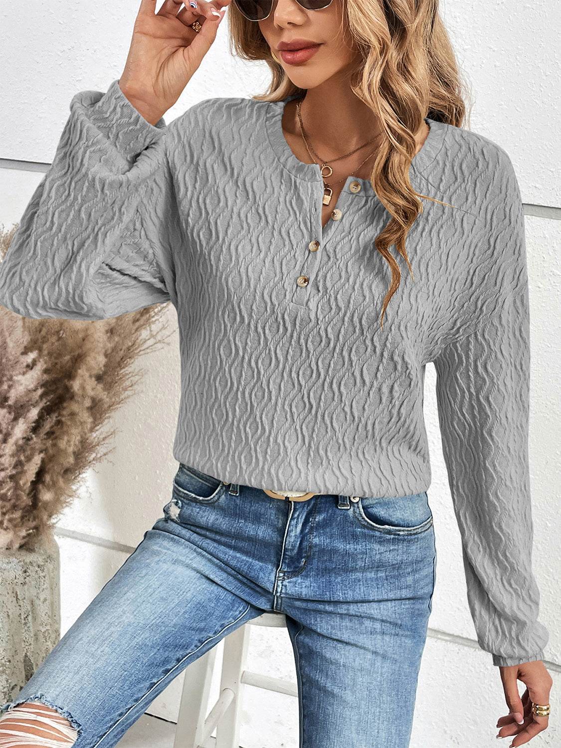 Ivy Lane Half Button Long Sleeve Top - Opaque, Slightly Stretchy, 95% Polyester, 5% Spandex