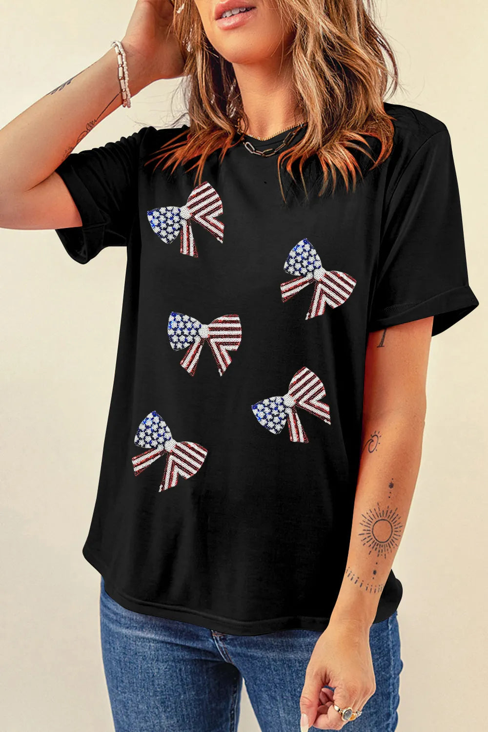 Sequin US Flag Round Neck Short Sleeve T-Shirt - Comfortable Opaque Fabric, Sizes S-2XL