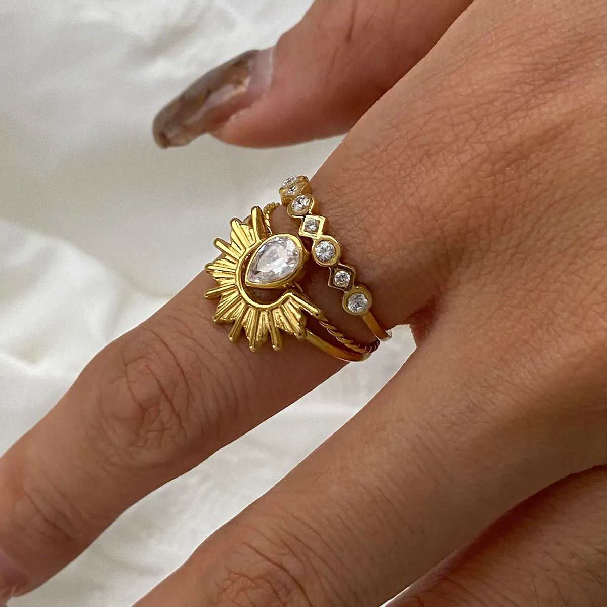 3 Piece Stainless Steel Rhinestone Sunburst Crown Ring