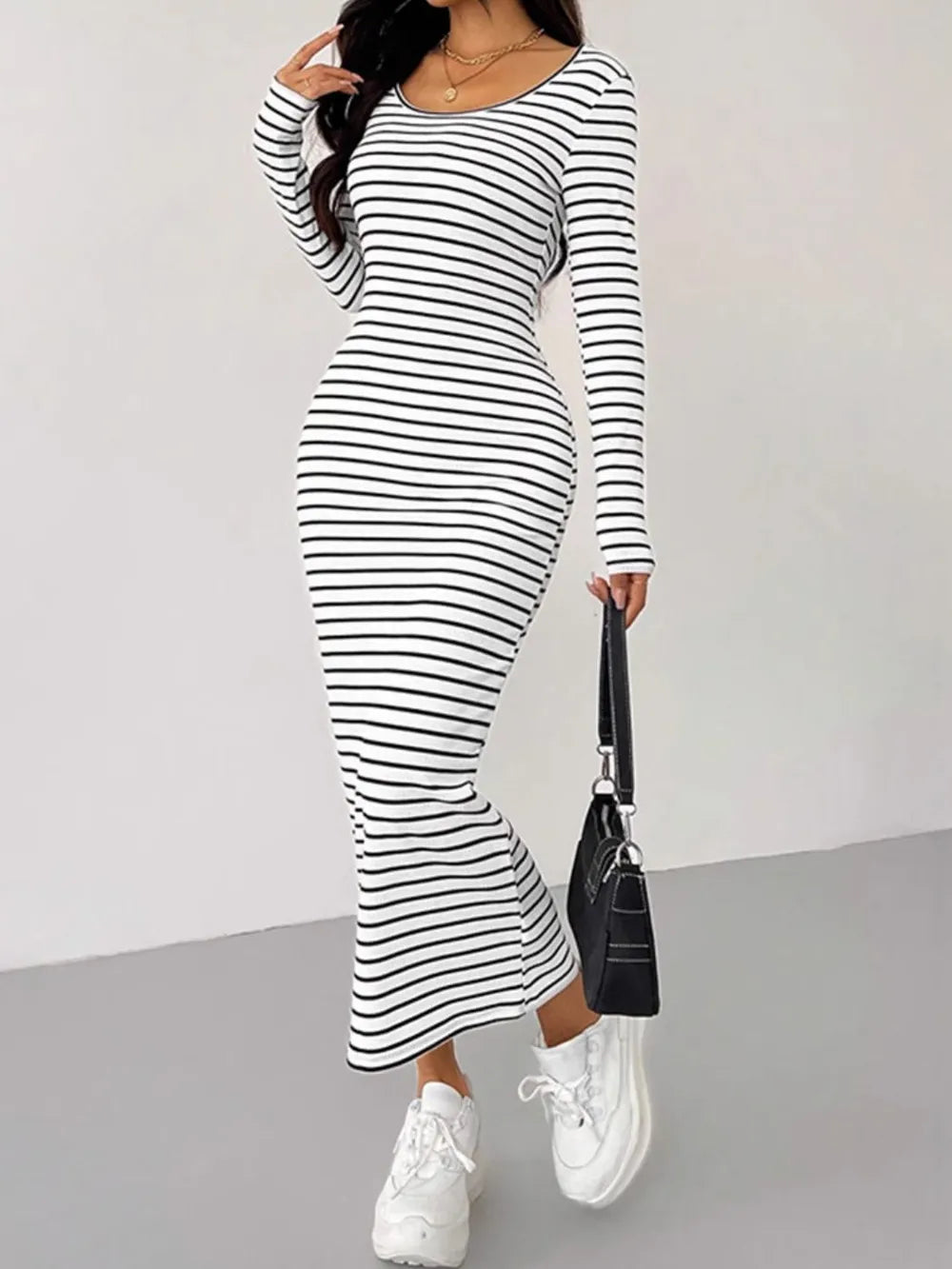 Scoop Neck Striped Long Sleeve Midi Tee Dress - Stylish & Comfort Fit, Slightly Stretchy