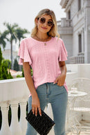 Trendsi Eyelet Flutter Sleeve Semi-Sheer Round Neck Casual Top - 100% Polyester - Store 42