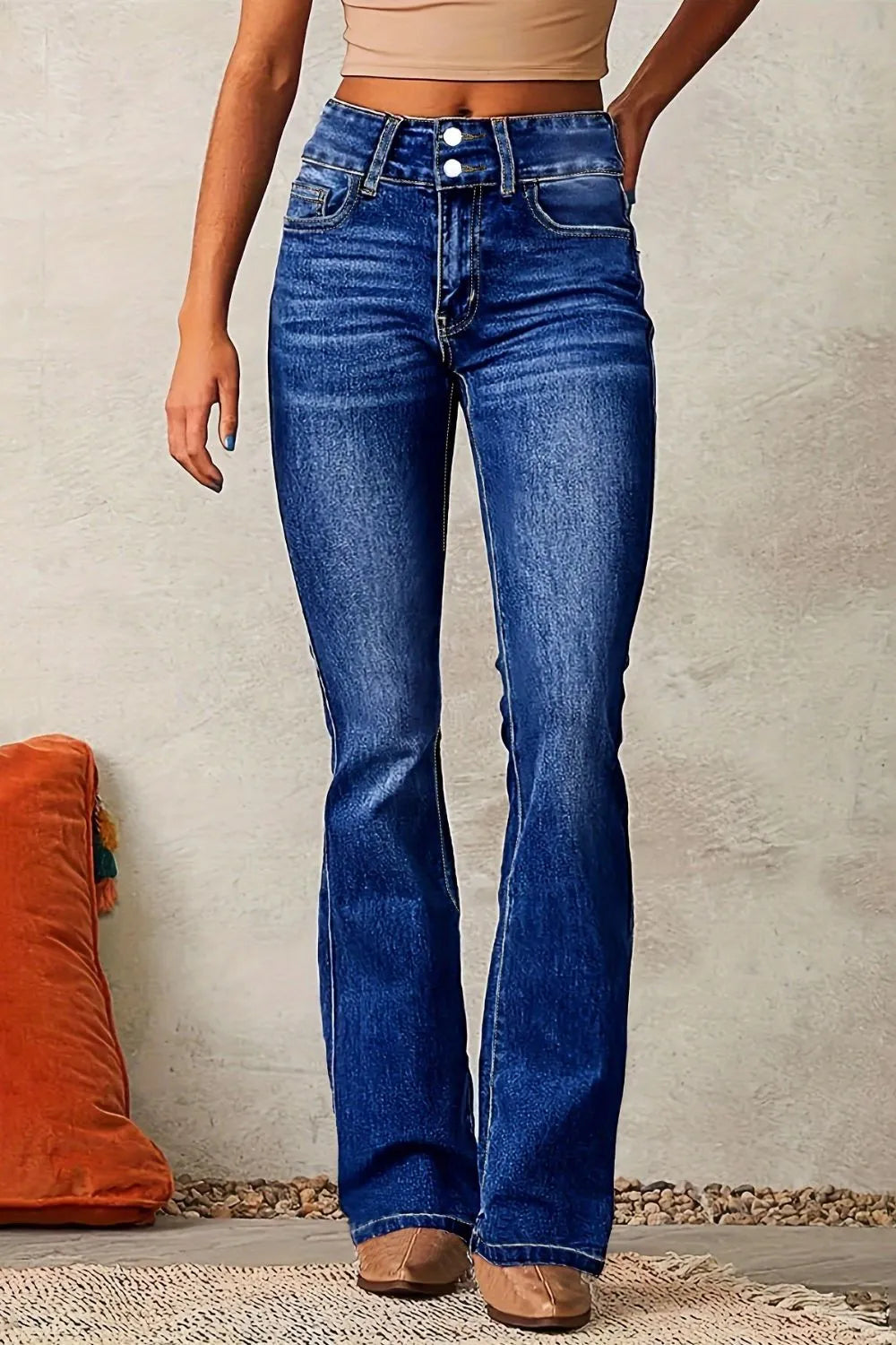 Trendsi Cat Whisker Bootcut Jeans - Slightly Stretchy, Buttoned, Pocketed, 65% Cotton