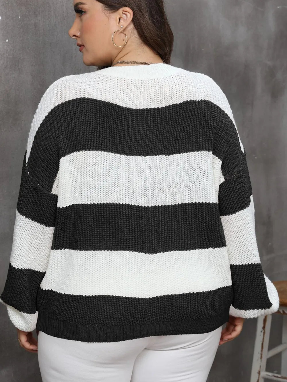 Plus Size Striped Long Sleeve Sweater with Round Neck - 100% Acrylic, Moderate Stretch, Machine Washable