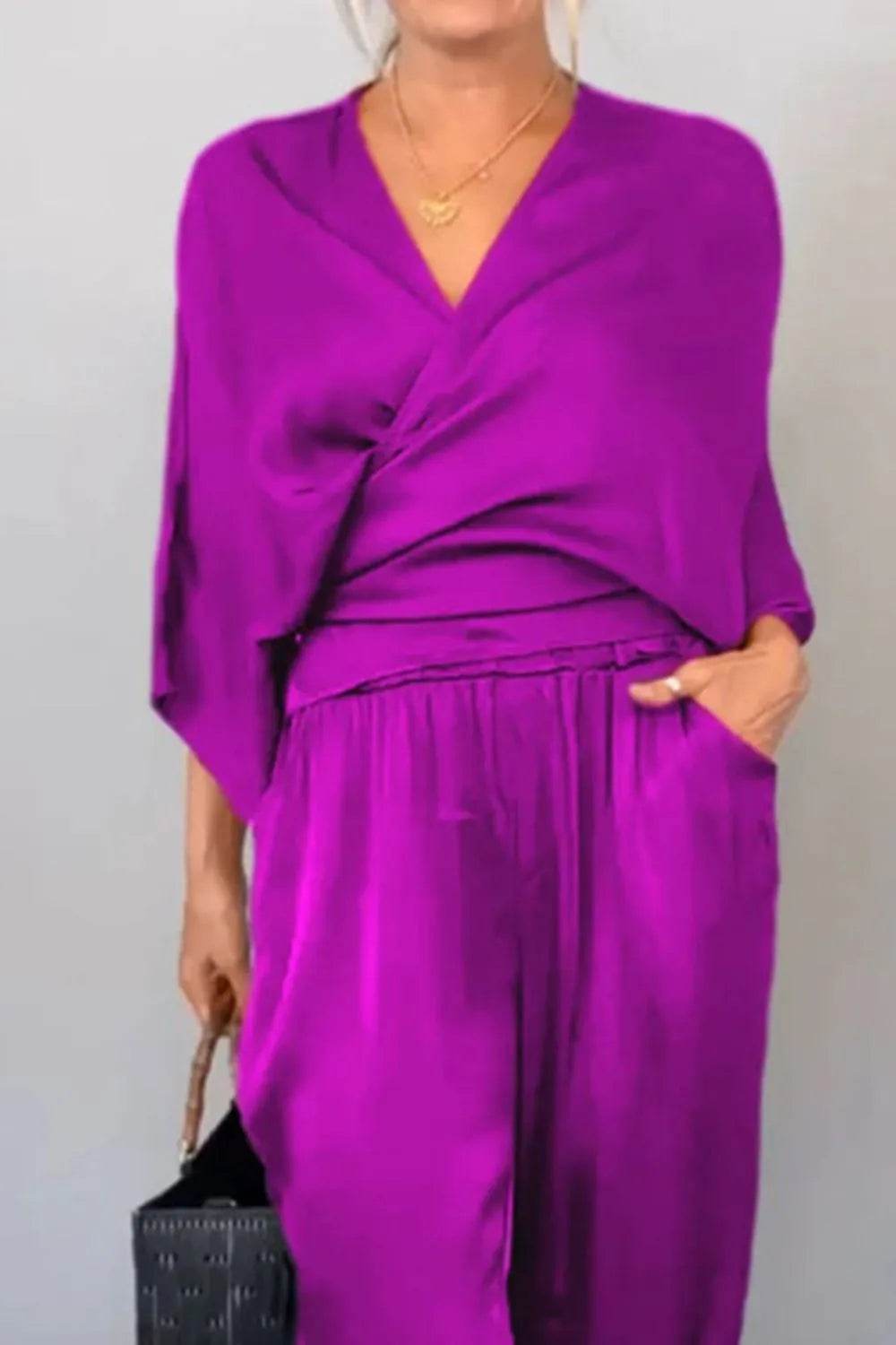 Full Size Wrap Surplice Top and Pants Set Plus Size - Store 42
