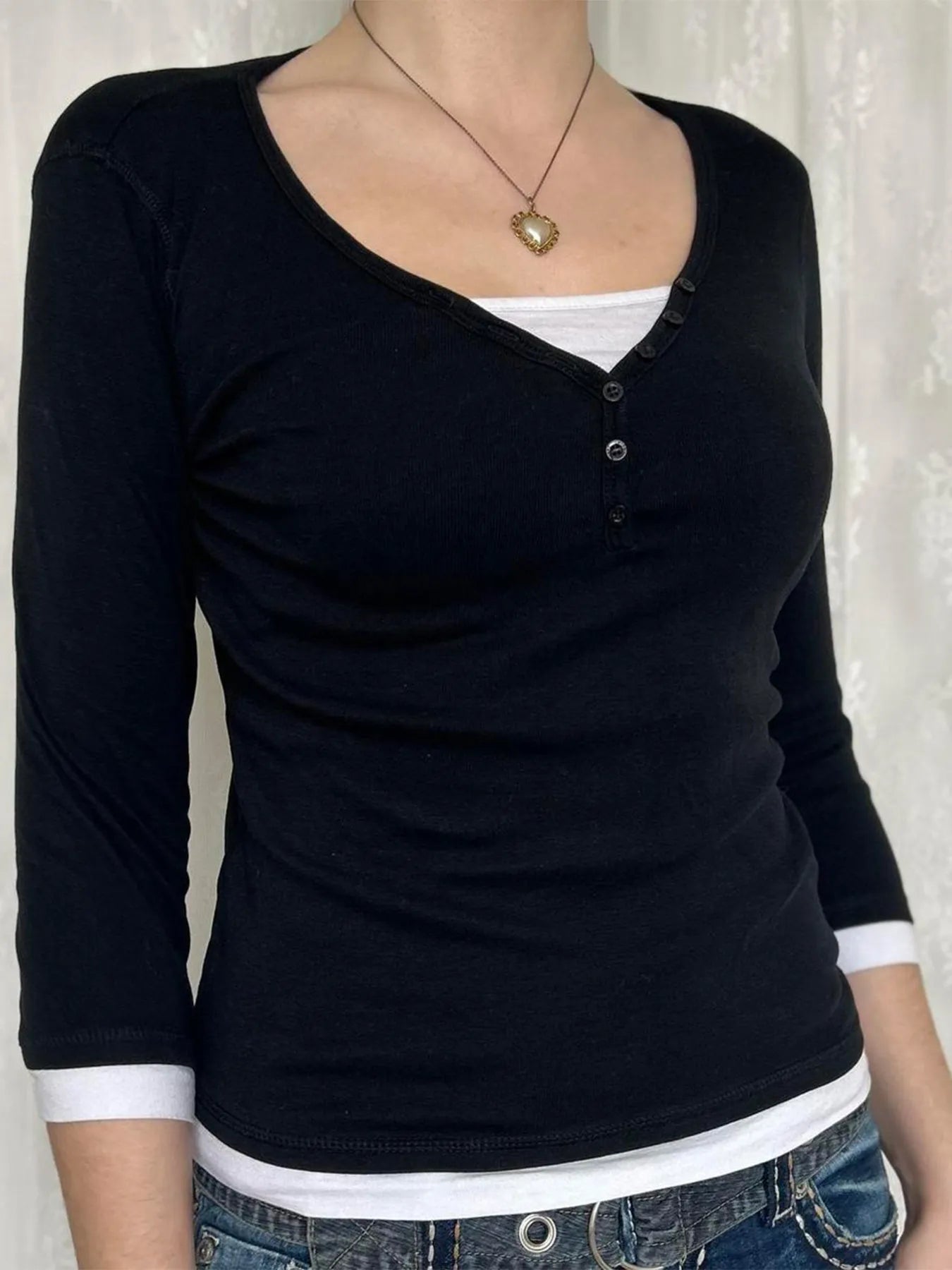Layered Contrast Trim Long Sleeve T-Shirt for Women - Slightly Stretchy, Buttoned Style