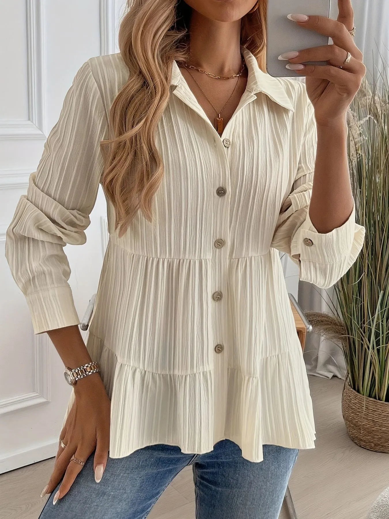 Stylish Striped Button-Down Tiered Shirt for Women - 100% Polyester, Machine Washable