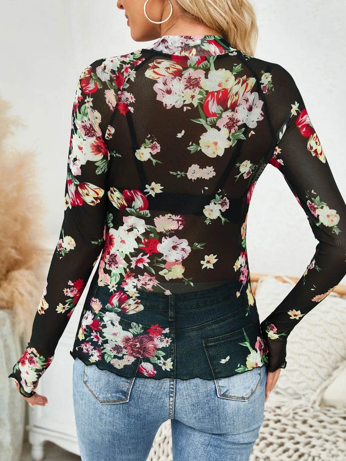 Floral Mock Neck Long Sleeve Top for Women - Slightly Stretchy, Comfortable Polyester Blend - Store 42