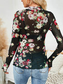 Floral Mock Neck Long Sleeve Top for Women - Slightly Stretchy, Comfortable Polyester Blend - Store 42