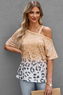 Leopard Print Asymmetrical Neck Cold-Shoulder Blouse with Short Sleeves - Casual Chic Style - Store 42