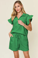 Double Take Full Size Texture Flounce Sleeve Top and Drawstring Shorts Set Mid Green