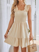 Smocked Square Neck Wide Strap Dress Tan