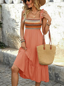 Tie Shoulder Square Neck Tiered Midi Dress