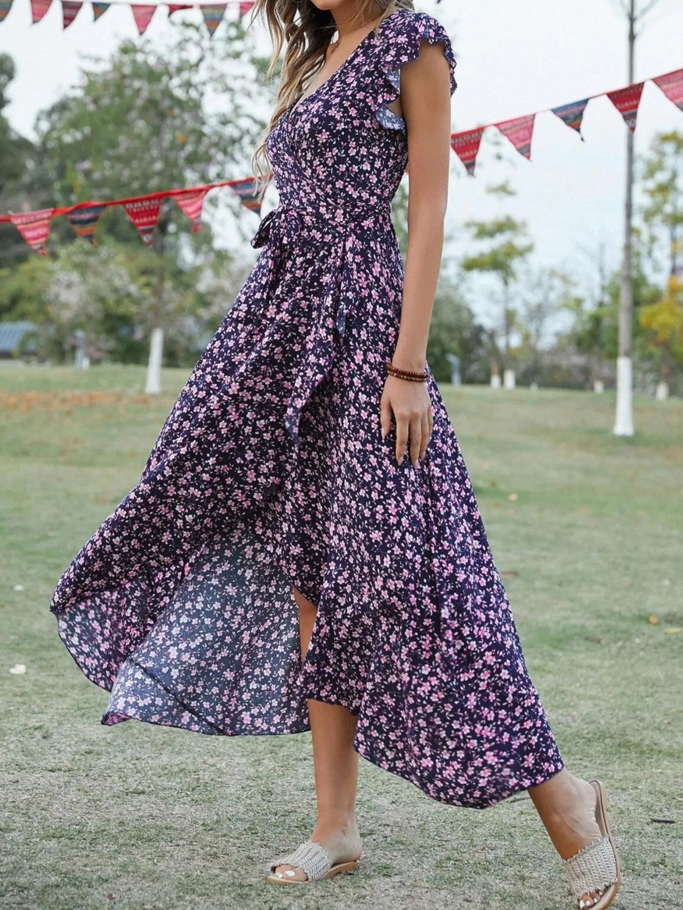 Printed Surplice Ruffle Sleeve Dress