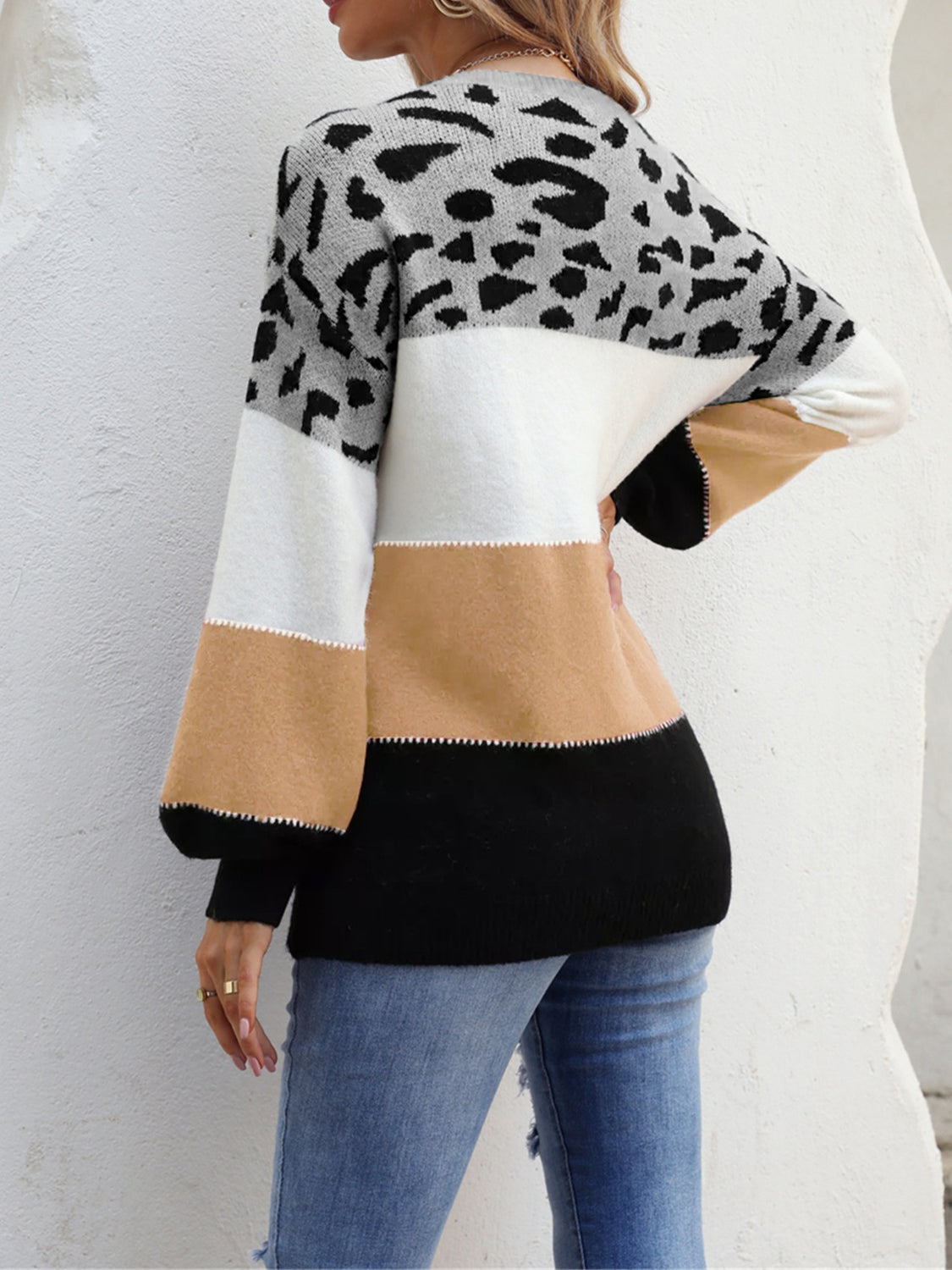 Angel Wings Color Block Round Neck Sweater - Stylish 85% Acrylic, 15% Polyester - Moderate Stretch