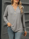 Striped Henley T-Shirt with Button Detail Gray