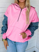Half Zip Checkered Sleeve Hoodie