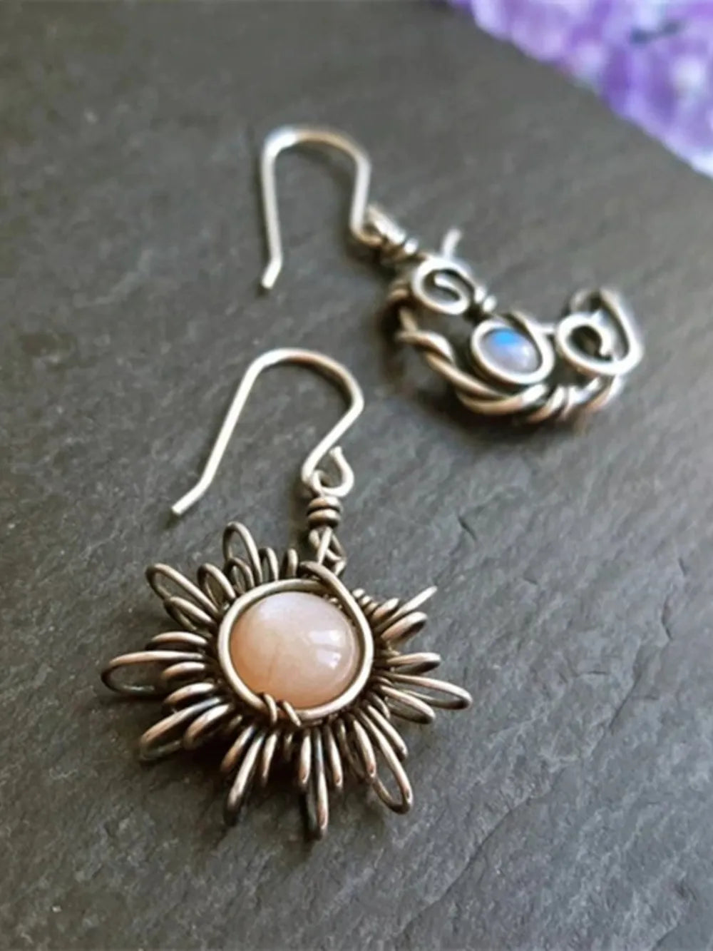 Dazzling Alloy Moon & Sun Dangle Earrings with Moonstone - Unique Celestial Jewelry