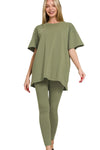 Zenana Cotton Round Neck Top & Legging Set LT OLIVE