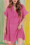 Mineral Wash Crinkle Split Neck Raw Hem Tiered Dress Hot Pink