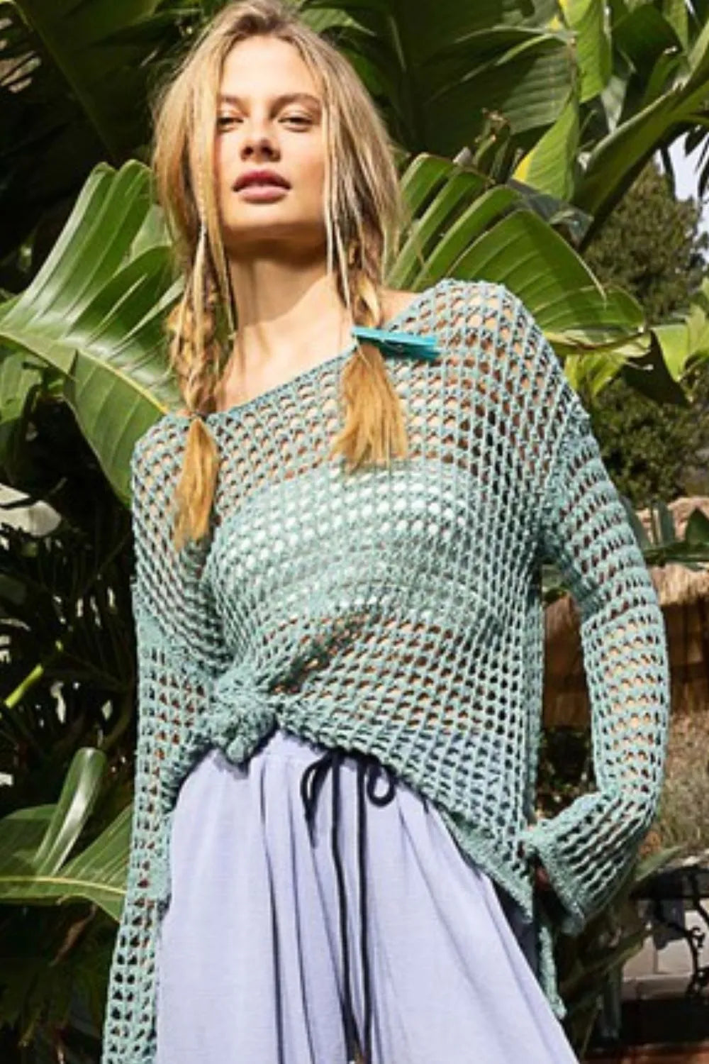 Chic POL Side Slit Openwork Long Sleeve Knit Cover Up - Versatile Layering Piece