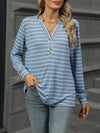 Striped Henley T-Shirt with Button Detail Light Blue