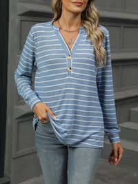 Striped Henley T-Shirt with Button Detail Light Blue