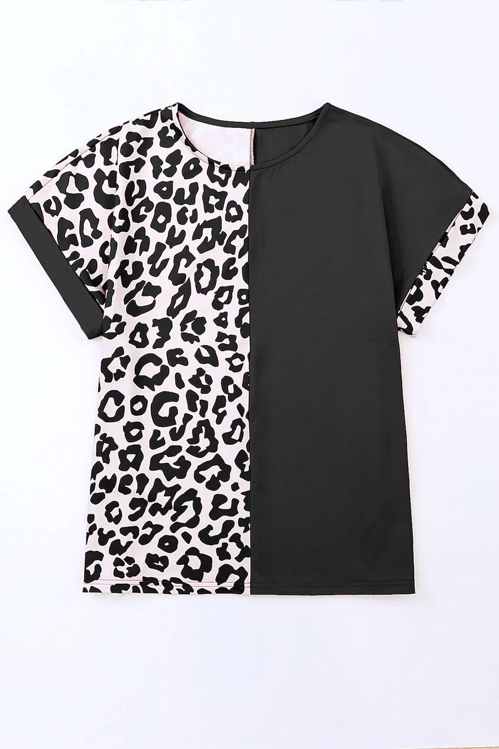 Plus Size Leopard Print Round Neck T-Shirt - Opaque, Slightly Stretchy, Comfortable Fit
