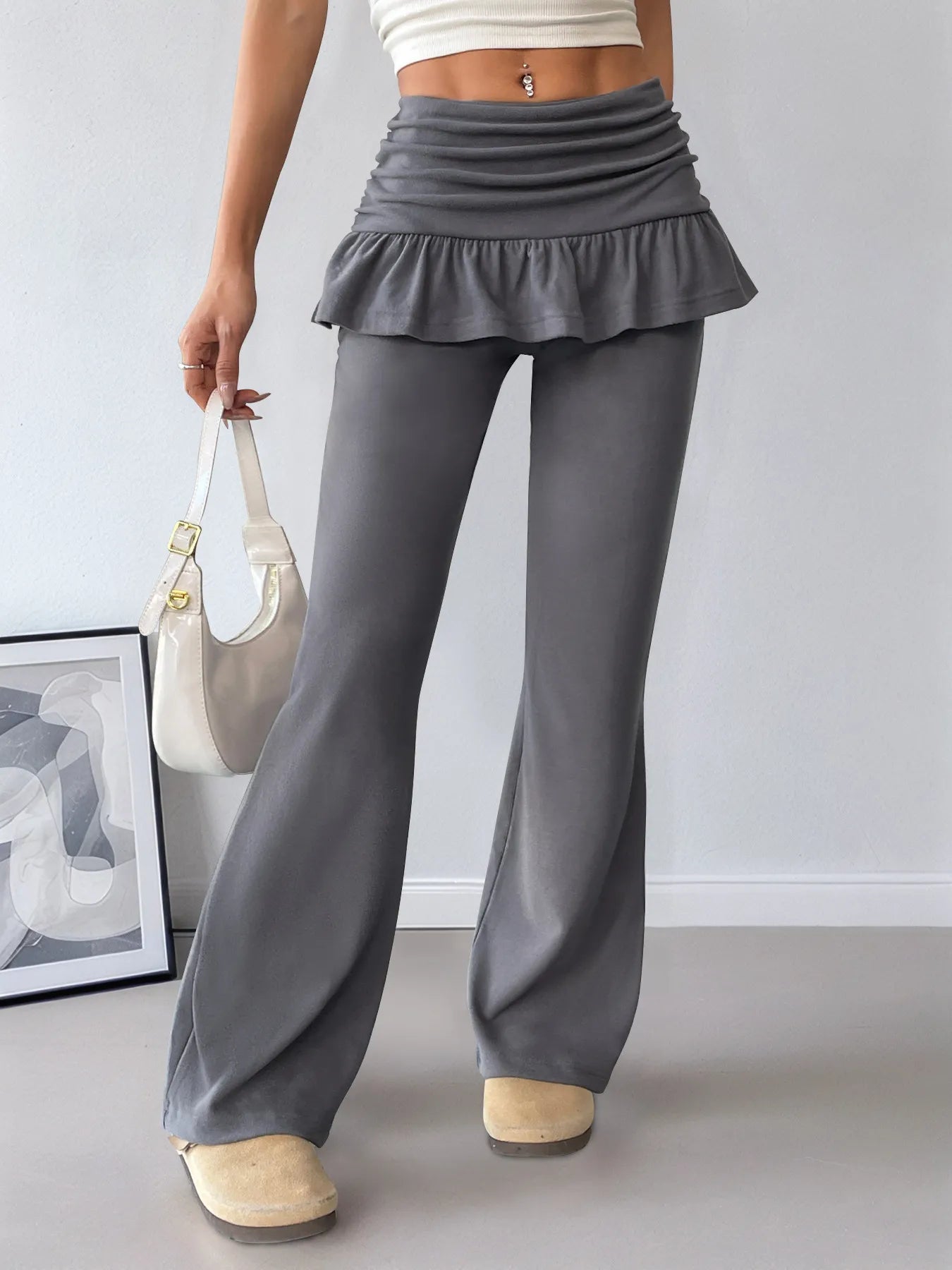 Trendy High-Waisted Ruffle Pants for Women - Soft Polyester & Comfortable Fit
