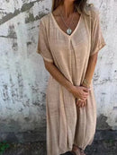 Full Size V-Neck Short Sleeve Midi Dress Plus Size Tan