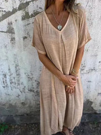 Full Size V-Neck Short Sleeve Midi Dress Plus Size Tan